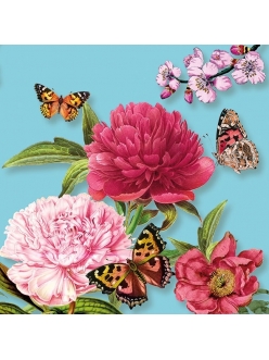 Салфетка для декупажа Пионы и бабочки на бирюзовом, 33х33 см, Голландия
