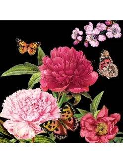 Салфетка для декупажа Пионы и бабочки на черном, 33х33 см, Голландия
