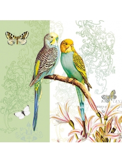Салфетка для декупажа Волнистые попугайчики на зеленом, 33х33 см, Голландия