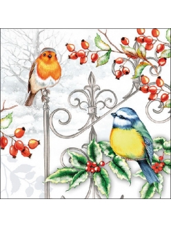 Новогодняя салфетка для декупажа Зимние птицы и шиповник, 33х33 см, Ambiente Голландия
