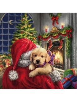 Новогодняя салфетка для декупажа Санта и щенок у камина, 33х33 см, Ambiente Голландия