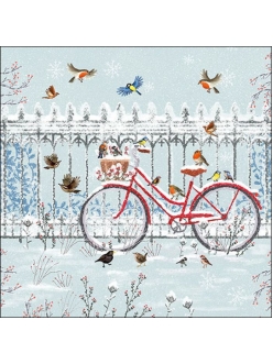 Новогодняя салфетка для декупажа Велосипед и зимние птицы, 33х33 см, Ambiente Голландия