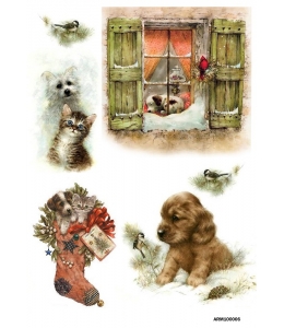 Рисовая бумага для декупажа Новогодние щенки и котята, А4 Россия