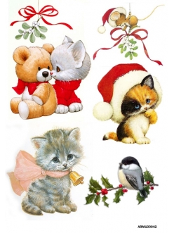 Рисовая новогодняя бумага для декупажа Рождественский котенок, А4 АртДекупаж