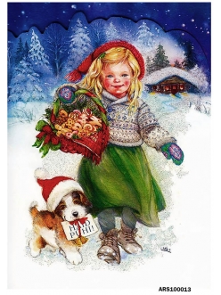 Новогодняя рисовая бумага для декупажа Рождество, девочка и щенок формат А5, АртДекупаж