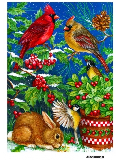 Новогодняя рисовая бумага для декупажа Зайчик и зимние птицы формат А5, АртДекупаж