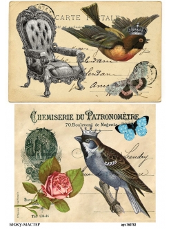 Рисовая бумага для декупажа Винтажные открытки с птицами, А4, Россия