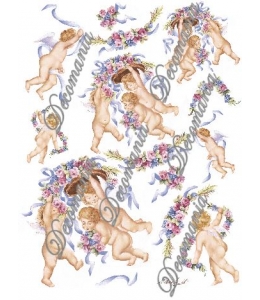 Декупажная карта Decomania №041 bis "Ангелочки с цветами и лентами", 30х42см