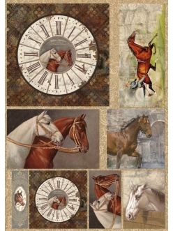 Декупажная карта Stamperia DFG396 "Винтажные часы, лошади", 50х70 см