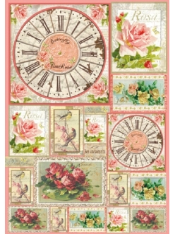Декупажная карта Stamperia Розы на открытках, часы, 50х70 см