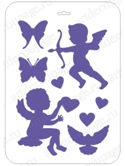 Трафарет пластиковый EDTCP035 "Амуры, бабочки и сердечки", 21х31 см, Трафарет-Дизайн