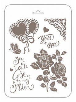 Трафарет пластиковый Романтика-20 Розы и сердечки, 22х31 см, Трафарет-Дизайн