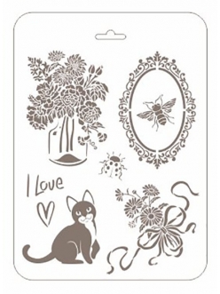 Трафарет пластиковый Романтика-27 Кошка и цветы, 22х31 см, Трафарет-Дизайн