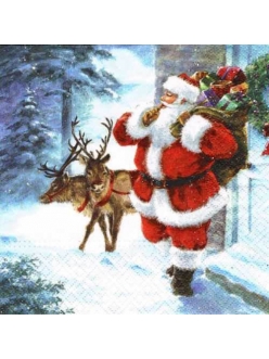 Новогодняя салфетка для декупажа Санта с подарками и олени, 33х33 см, Paw (Польша)