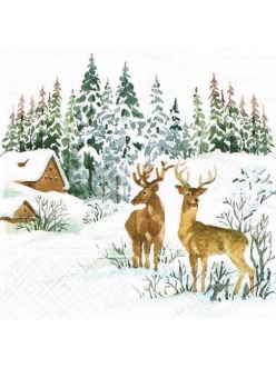 Новогодняя салфетка для декупажа Олени и зимний пейзаж, 33х33 см, Paw (Польша)