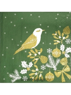 Салфетка новогодняя для декупажа Птичка, зеленый с золотом,  33х33 см, Германия
