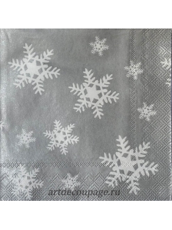 Салфетка новогодняя для декупажа Снежинки на серебристом фоне,  33х33 см, Германия