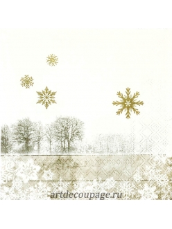 Салфетка новогодняя для декупажа Зимний пейзаж и золотые снежинки,  33х33 см, Германия