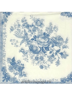 Салфетка для декупажа Цветы и птицы, голубой, 33х33 см, Германия