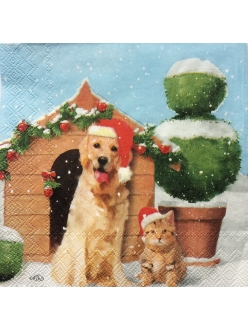 Салфетка новогодняя для декупажа Рождественские собака и кот,  33х33 см, Германия
