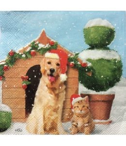Салфетка для декупажа IHR-102305 "Рождественские собака и кот", 33х33 см, Германия
