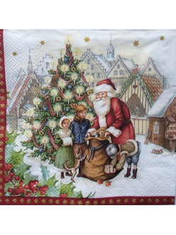 Салфетка новогодняя для декупажа Санта с подарками у елки,  33х33 см, Германия