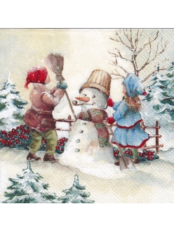 Салфетка новогодняя для декупажа Дети и снеговик,  33х33 см, Германия