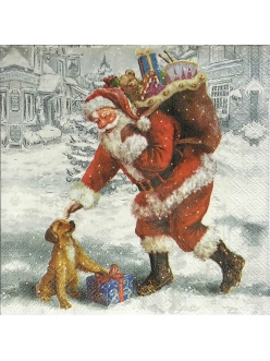 Салфетка новогодняя для декупажа Санта и щенок,  33х33 см, Германия