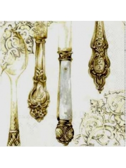 Салфетка для декупажа Столовые приборы и орнамент, бело-золотой, 33х33 см