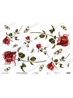 Рисовая бумага Красная роза на длинном стебле и бабочки, 32х45см, Kalit Италия