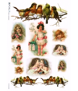 Рисовая бумага Love2Art 0169 "Винтажные дети и птицы", 32х45см, Kalit (Италия)