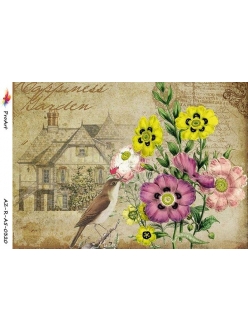 Рисовая бумага для декупажа Цветы и птица, формат А5, ProArt 