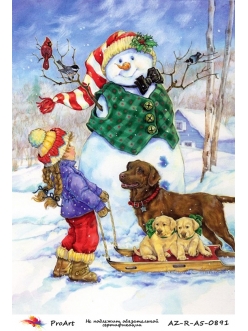 Новогодняя рисовая бумага для декупажа Снеговик, девочка и собаки, формат А5, ProArt 