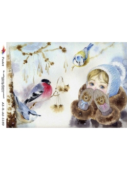 Новогодняя рисовая бумага для декупажа Девочка и зимние птицы, формат А5, ProArt 