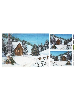 Рисовая новогодняя бумага для декупажа Зимний пейзаж, домик, 25х50 см, Renkalik T018