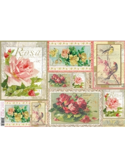 Рисовая бумага для декупажа Открытки с розами и птицами, 33х48 см, Stamperia DFS259