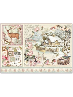 Новогодняя рисовая бумага для декупажа Зимний дом, олень и розы, 33х48 см, Stamperia 