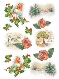 Рисовая новогодняя бумага для декупажа Зимние пейзажи, птицы и розы, формат А4, Stamperia DFSA4147