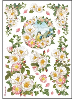 Рисовая бумага для декупажа Белые цветы и птицы, Stamperia DFSA4177, формат А4