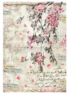 Рисовая бумага для декупажа Цветы персика и надписи, Stamperia формат А4
