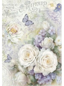 Рисовая бумага для декупажа Белые розы и лиловые бабочки, Stamperia формат А4