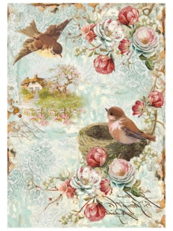 Рисовая бумага для декупажа Гнездо, птицы и розы, Stamperia формат А4