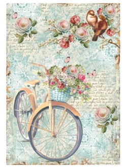 Рисовая бумага для декупажа Велосипед с корзиной цветов, Stamperia формат А4