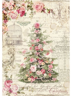 Рисовая бумага для декупажа Новогодняя ёлка и розы, Stamperia формат А4