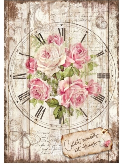 Рисовая бумага для декупажа Часы с розами, Stamperia формат А4