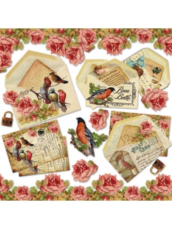 Рисовая салфетка для декупажа Старые письма, птицы, розы, 50х50 см, Stamperia DFT226
