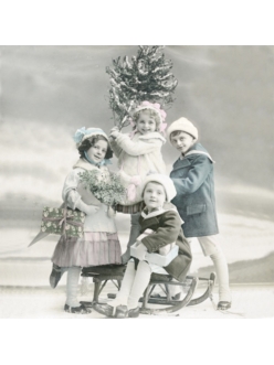 Новогодняя салфетка для декупажа Дети и ёлка, 33х33 см, Sagen Vintage Design, Норвегия
