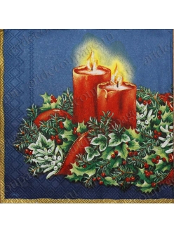 Салфетка новогодняя для декупажа Рождественские свечи, синий фон, 25х25 см