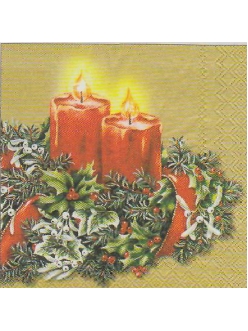Салфетка новогодняя для декупажа Рождественские свечи, золотой фон, 25х25 см