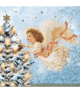 Салфетка для декупажа CLGW004701 "Ангел и новогодняя ель, голубой фон", 25х25 см